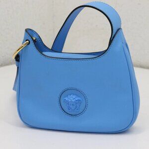 VERSACE Calfskin La Medusa Small Hobo Crossbody Blue